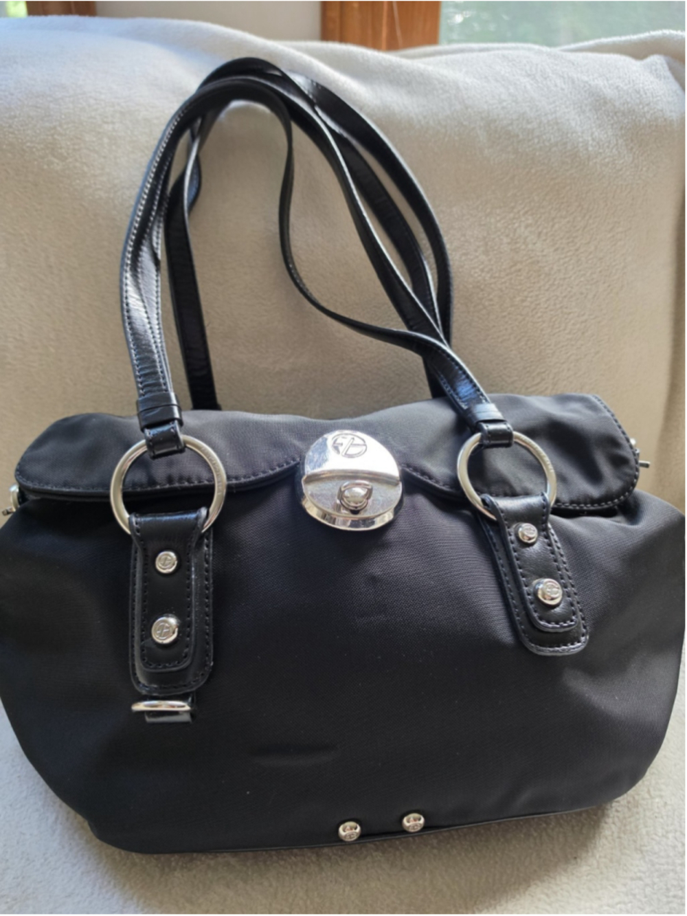 Francesco Biasia Black Nylon & Faux Leather Handbag Silver Hardware Y2K Flap